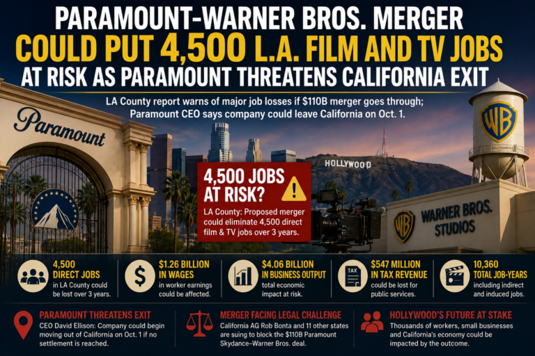 Paramount-Warner Bros. Merger Could Put 4,500 L.A. Film and TV Jobs at Risk as Paramount Threatens California Exit